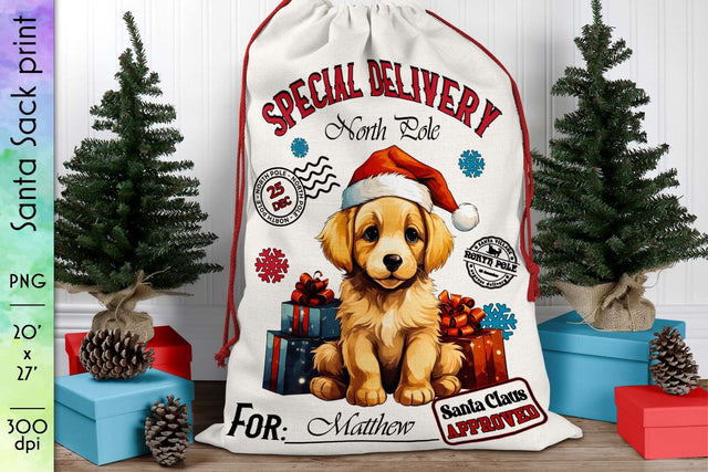 Santa Sack with Cute Puppy in Santa Hat PNG Sublimation Designs by Ira 