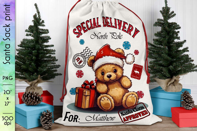 Santa Sack with Cute Teddy Bear Design Sublimation Designs by Ira 