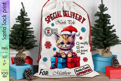 Santa Sack with Little Kitten Sublimation PNG Sublimation Designs by Ira 