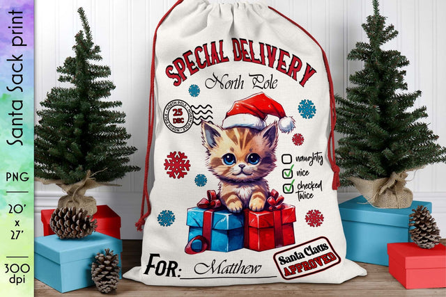 Santa Sack with Little Kitten Sublimation PNG Sublimation Designs by Ira 