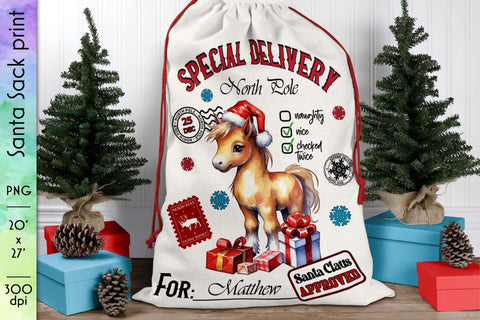 Santa Sack with Little Pony | North Pole Delivery Sublimation Designs by Ira 