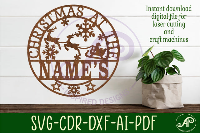 Santa Sleigh Christmas at the Name sign svg laser cut SVG APInspireddesigns 