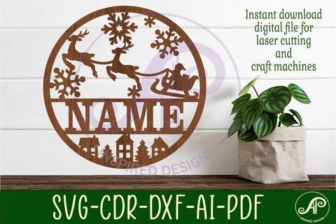 Santa Sleigh Christmas Name sign svg laser cut template SVG APInspireddesigns 
