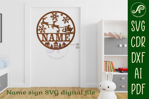 Santa Sleigh Christmas Name sign svg laser cut template SVG APInspireddesigns 