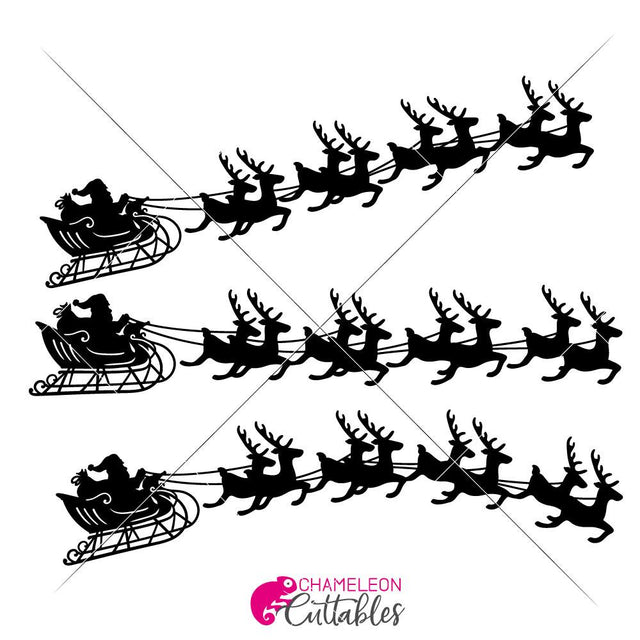 Santa Sleigh with Reindeer - SVG - 3 versions SVG Chameleon Cuttables 