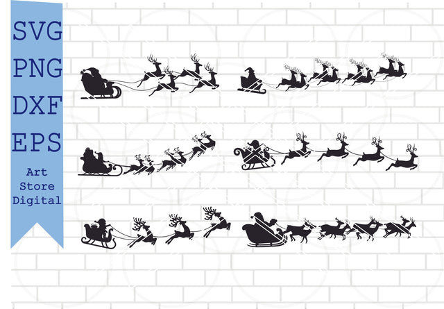 Santa Sleigh with Reindeer Svg Bundle, Santa Sleigh Silhouette Christmas Svg, Png, Dxf, Eps Cut Files SVG Artstoredigital 