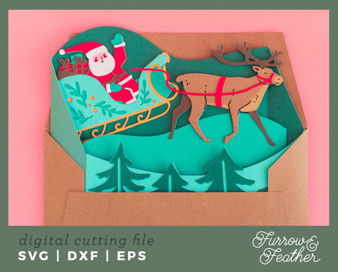 Santa’s Christmas Sleigh Box Card 3D Paper Furrow and Feather SVG 