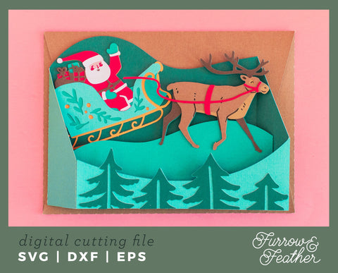 Santa’s Christmas Sleigh Box Card 3D Paper Furrow and Feather SVG 