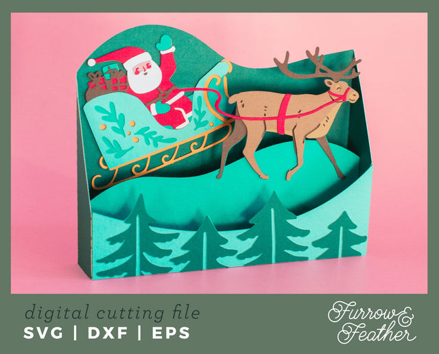 Santa’s Christmas Sleigh Box Card 3D Paper Furrow and Feather SVG 
