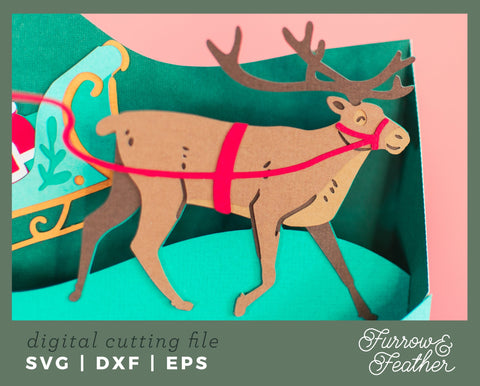 Santa’s Christmas Sleigh Box Card 3D Paper Furrow and Feather SVG 