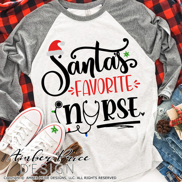 Santa's favorite Nurse SVG | Nurse Christmas SVG PNG DXF | Winter Shirt SVG | Holiday Decor SVGs SVG Amber Price Design 