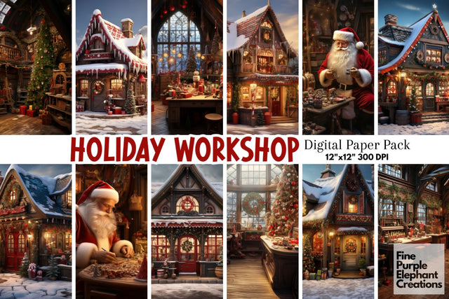 Santa's Workshop | Christmas Holiday Background Digital Pattern Fine Purple Elephant Creations 