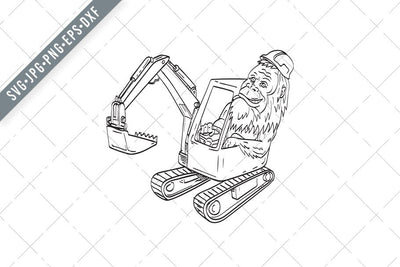 Sasquatch or Bigfoot Wearing Hardhat Driving a Mechanical Digger Excavator Line Art Drawing Illustration SVG Patrimonio Designs Limited 