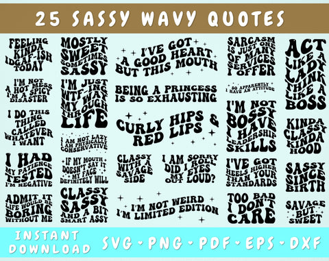 Sassy Wavy Quotes SVG Bundle, 25 Designs, Groovy Sassy Sayings SVG, Retro Sassy Quotes SVG, Funny PNG, Funny Shirt SVG, Wavy Letters SVG SVG HappyDesignStudio 