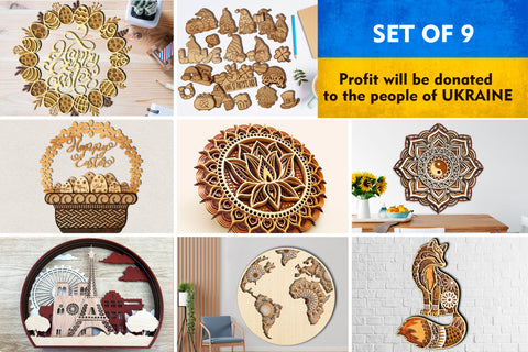 SAVE Ukraine Bundle of 9 Laser Cut Files Donate to Ukraine Multilayer Laser Cut Files, Mandala, Round Sign SVG, 3D Designs, Mini Design Bundles SVG LaserCutano 