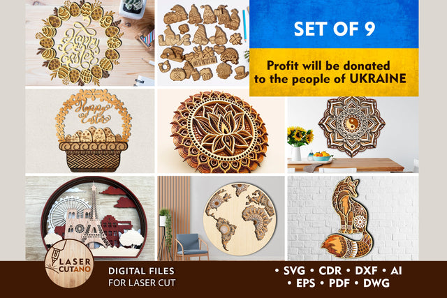 SAVE Ukraine Bundle of 9 Laser Cut Files Donate to Ukraine Multilayer Laser Cut Files, Mandala, Round Sign SVG, 3D Designs, Mini Design Bundles SVG LaserCutano 