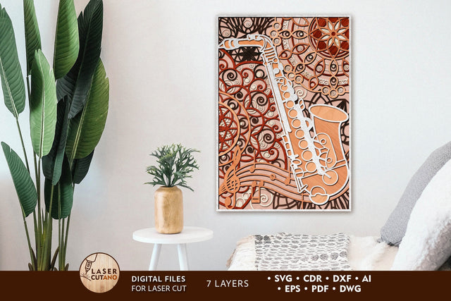 Saxophone Multilayer Cut Template, Music Decoration SVG LaserCutano 