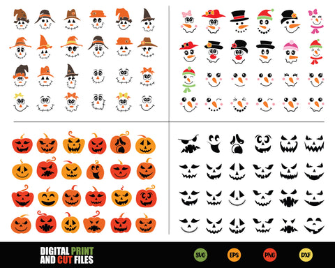 Scarecrow Faces Bundle, Snowman faces Bundle, Halloween Faces Bundle, Pumpkins Faces Bundle SVG SvgMonkeys 