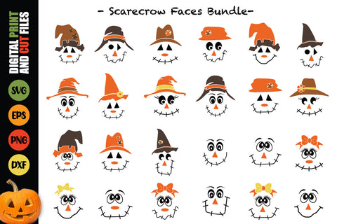 Scarecrow Faces Bundle, Snowman faces Bundle, Halloween Faces Bundle, Pumpkins Faces Bundle SVG SvgMonkeys 