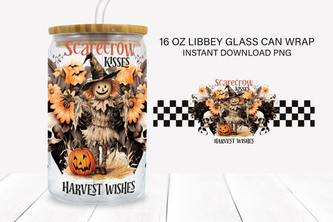 Scarecrow Kisses Halloween 16 oz Glass Can Sublimation Wrap Sublimation BijouBay 