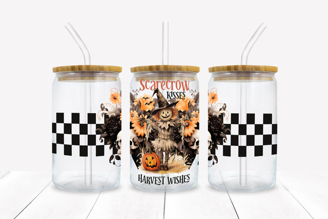 Scarecrow Kisses Halloween 16 oz Glass Can Sublimation Wrap Sublimation BijouBay 