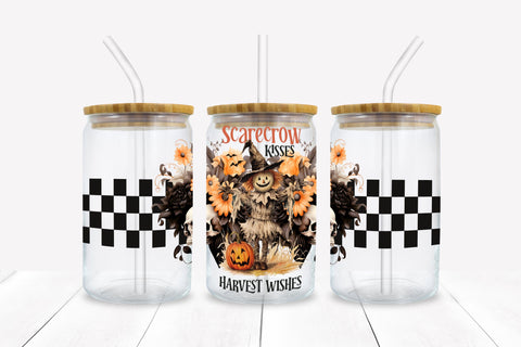 Scarecrow Kisses Halloween 16 oz Glass Can Sublimation Wrap Sublimation BijouBay 