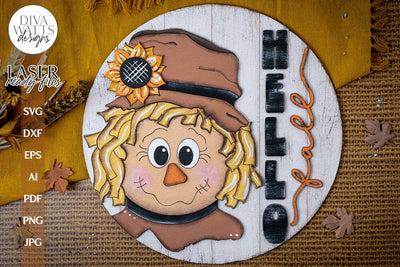 Scarecrow Laser SVG For Glowforge Scarecrow Door Hanger SVG For Fall Front Porch Sign Hello Fall Round Sign SVG For Laser Scarecrow Sign svg SVG Diva Watts Designs 