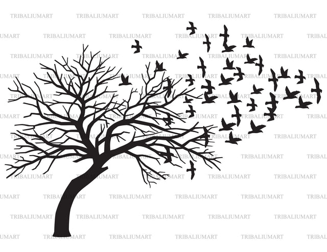 Scary bare black tree silhouette and flock of flying birds SVG TribaliumArtSF 