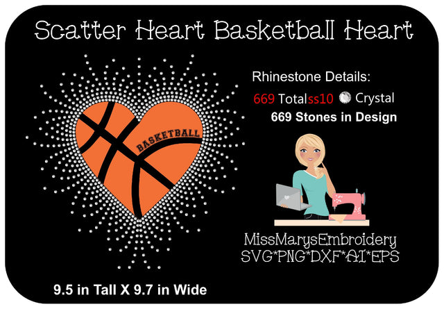 Scatter Rhinestone Basketball Heart SVG MissMarysEmbroidery 