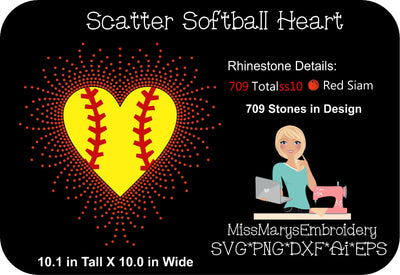 Scatter Rhinestone Softball Heart SVG MissMarysEmbroidery 
