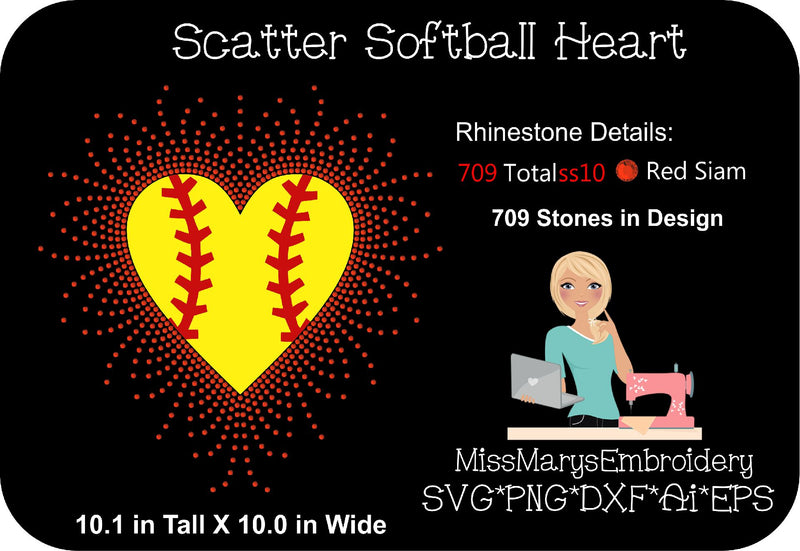 Scatter Rhinestone Softball Heart SVG MissMarysEmbroidery 