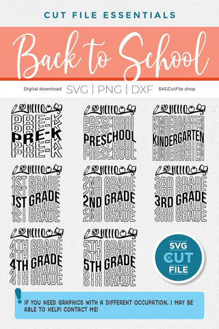 School bundle svg, teacher svg, Preschool, Pre-k, Kindergarten, 1st grader svg, 2nd grade svg, 3rd grade svg, 4th grade svg, 5th grade svg SVG SVG Cut File 