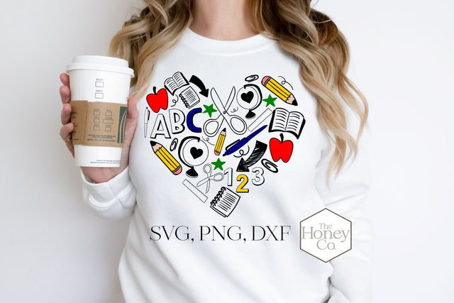 School Heart SVG PNG DXF Pencil Globe Ruler Pen Apple Teacher Heart Instant Download Silhouette Cricut Cut Files Cutting Machine Vector File SVG The Honey Company 