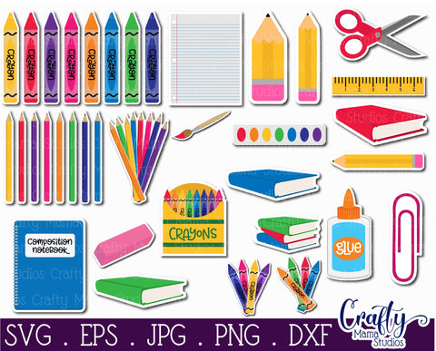 School Supplies, School Supply Sticker Bundle, Kids Stickers SVG Crafty Mama Studios 