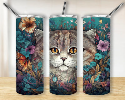 Scottish Fold 20oz Skinny Tumbler Png, Beautiful Scottish Fold Framed With Plants And Flowers Tumbler, Scottish Fold Galaxy Floral Tumbler, Cat Lover Tumbler Sublimation BouDesign 
