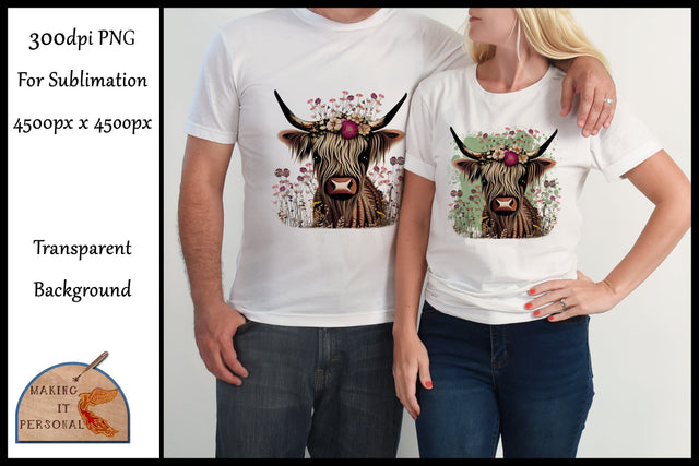Scottish Highland Cow with Wild Flowers - Sublimation design, PNG file. Sublimation Making it Personal 