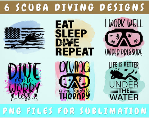 Scuba Diving Sublimation Designs Bundle, 6 Diving Quotes PNG Files, Eat Sleep Dive Repeat PNG, I Work Well Under Pressure PNG, Diving Is My Favorite Therapy PNG Sublimation HappyDesignStudio 