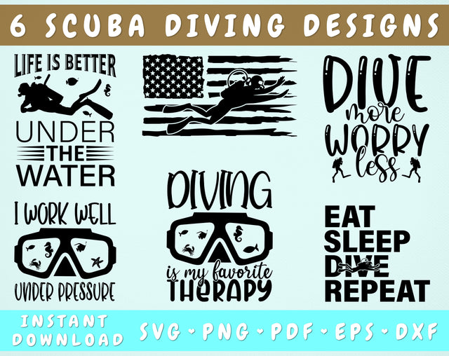 Scuba Diving SVG Bundle, 6 Designs, Scuba Diving Shirt SVG, I Work Well Under Pressure SVG, Eat Sleep Dive Repeat SVG SVG HappyDesignStudio 