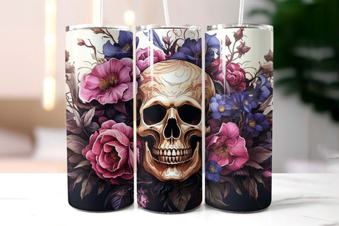 Scull with Flowers Vintage Halloween Tumbler Wrap Sublimation Designs by Ira 