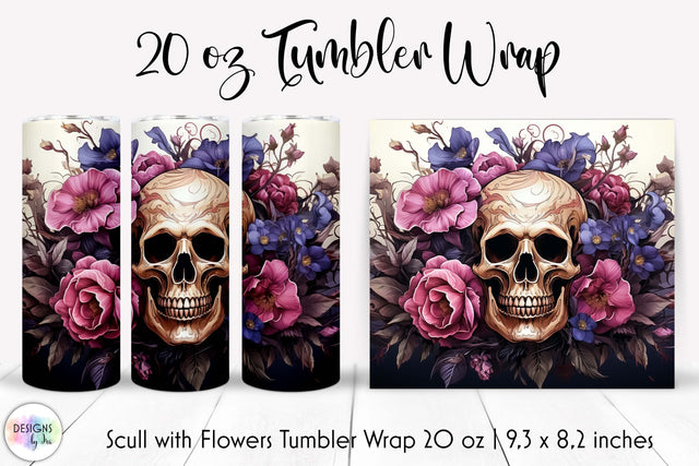Scull with Flowers Vintage Halloween Tumbler Wrap Sublimation Designs by Ira 