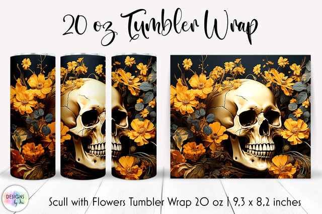 Scull with Flowers Vintage Halloween Tumbler Wrap Sublimation Designs by Ira 