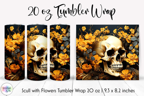Scull with Flowers Vintage Halloween Tumbler Wrap Sublimation Designs by Ira 