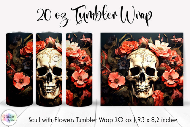 Scull with Flowers Vintage Halloween Tumbler Wrap Sublimation Designs by Ira 