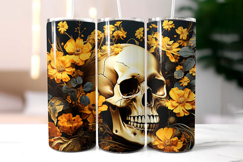 Scull with Flowers Vintage Halloween Tumbler Wrap Sublimation Designs by Ira 
