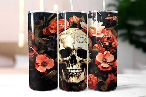 Scull with Flowers Vintage Halloween Tumbler Wrap Sublimation Designs by Ira 