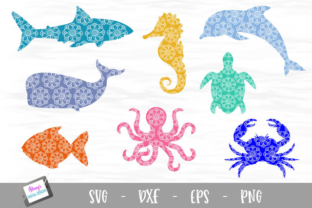 Sea Animal Bundle - 8 SVGs with floral mandala pattern SVG Stacy's Digital Designs 