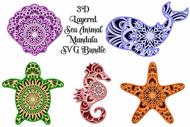 Sea Animal Mandala Bundle 1: Starfish, Whale, Seahorse, Sea Turtle, Shell SVG Digital Honeybee 