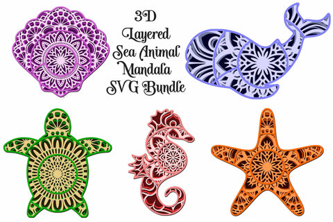 Sea Animal Mandala Bundle 1: Starfish, Whale, Seahorse, Sea Turtle, Shell SVG Digital Honeybee 