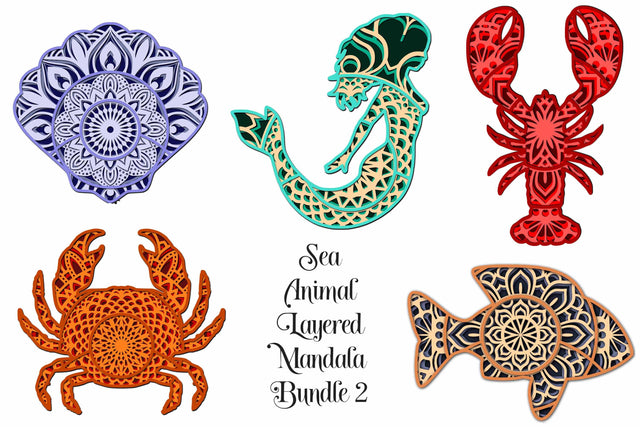 Sea Animal SVG Layered Mandala Bundle II - Crab, Lobster, Mermaid, Fish, Seashell SVG Digital Honeybee 