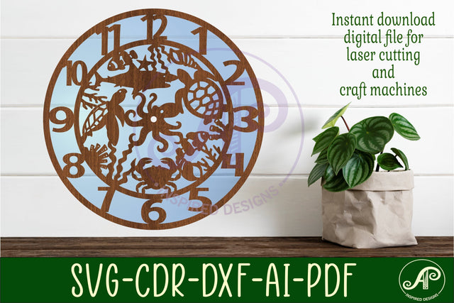 Sea life animal wall clock laser cut files, SVG file. vector SVG APInspireddesigns 